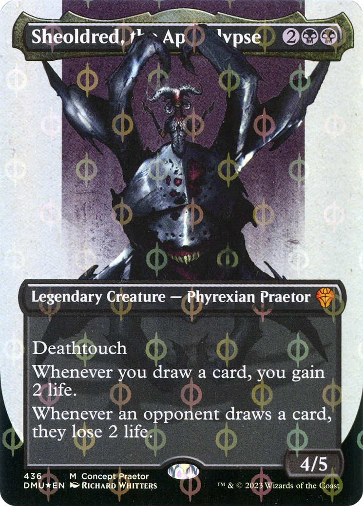 Sheoldred, the Apocalypse (Borderless Concept Praetors Step-and-Compleat Foil) [Phyrexia: All Will Be One] | Play N Trade Winnipeg