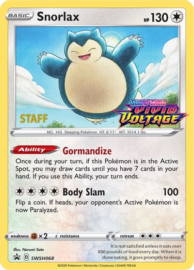 Snorlax (SWSH068) (Staff Prerelease Promo) [Sword & Shield: Black Star Promos] | Play N Trade Winnipeg