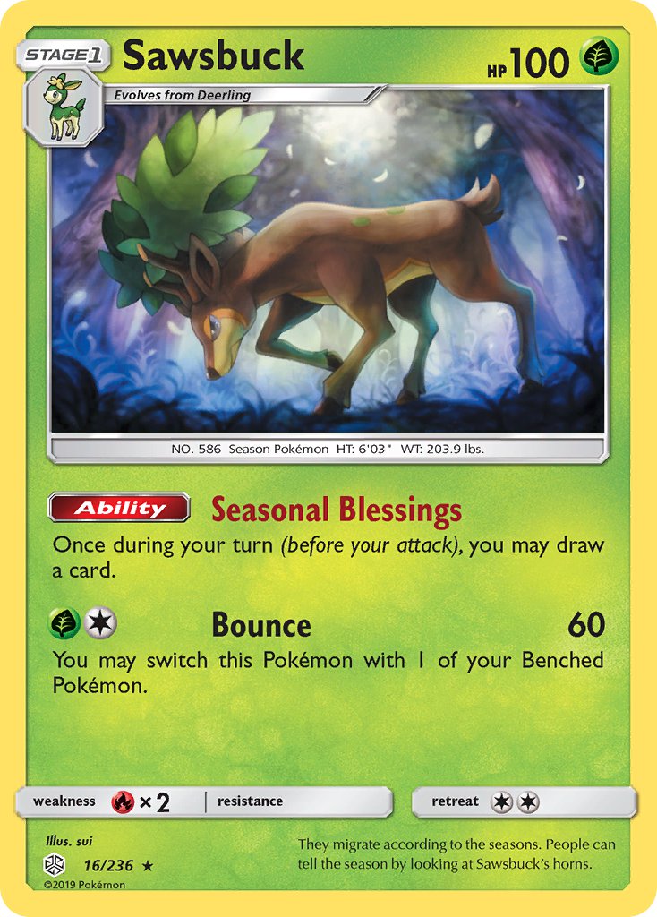 Sawsbuck (16/236) (Prerelease Kit Exclusive) (Theme Deck Exclusive) [Sun & Moon: Cosmic Eclipse] | Play N Trade Winnipeg