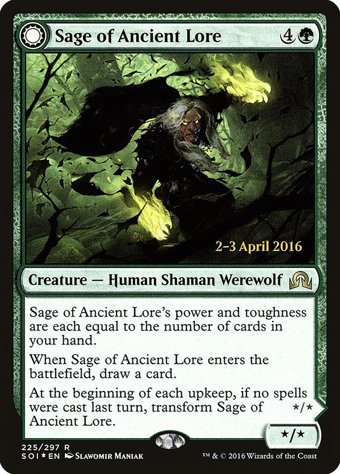 Sage of Ancient Lore // Werewolf of Ancient Hunger [Shadows over Innistrad Prerelease Promos] | Play N Trade Winnipeg
