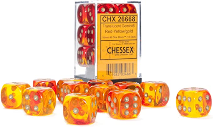 CHESSEX - 12D6 GEMINI TRANSLUCENT RED-YELLOW/GOLD | Play N Trade Winnipeg