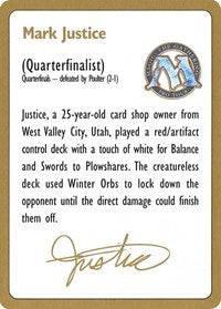 1996 Mark Justice Biography Card [World Championship Decks] | Play N Trade Winnipeg
