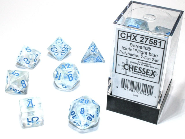 CHESSEX - BOREALIS 7-DIE SET ICICLE/LIGHT BLUE  LUMINARY | Play N Trade Winnipeg