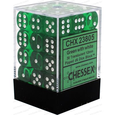 CHESSEX - TRANSLUCENT 36D6 GREEN/WHITE 12MM | Play N Trade Winnipeg
