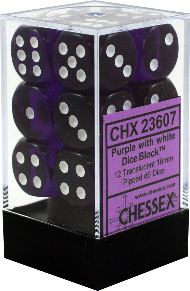 CHESSEX - TRANSLUCENT 12D6 PURPLE/WHITE 16MM | Play N Trade Winnipeg