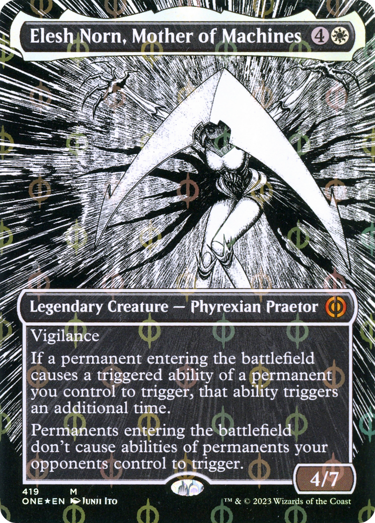 Elesh Norn, Mother of Machines (Borderless Manga Step-and-Compleat Foil) [Phyrexia: All Will Be One] | Play N Trade Winnipeg