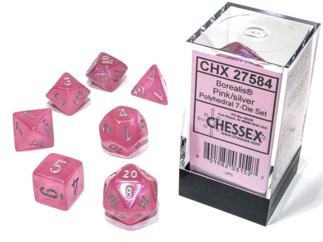 CHESSEX - BOREALIS 7-DIE SET PINK/SILVER LUMINARY | Play N Trade Winnipeg