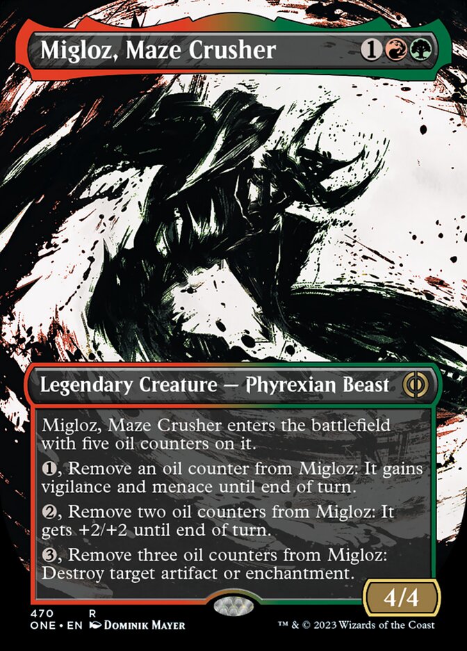 Migloz, Maze Crusher (Borderless Ichor Step-and-Compleat Foil) [Phyrexia: All Will Be One] | Play N Trade Winnipeg