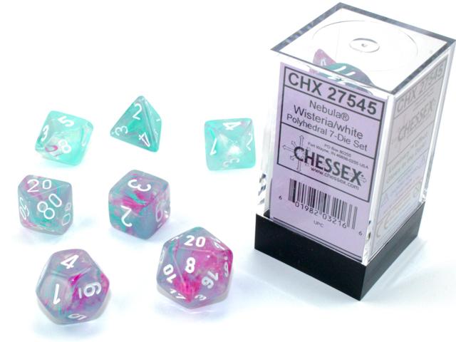 CHESSEX - NEBULA 7-DIE SET WISTERIA/WHITE LUMINARY | Play N Trade Winnipeg
