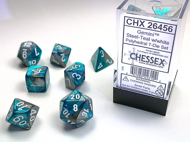 CHESSEX - GEMINI 7-DIE SET STEEL-TEAL/WHITE | Play N Trade Winnipeg