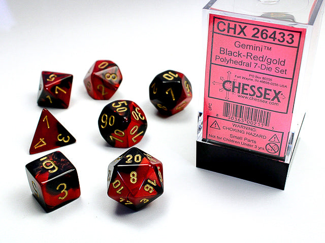 CHESSEX - GEMINI 7-DIE SET BLACK-RED/GOLD | Play N Trade Winnipeg