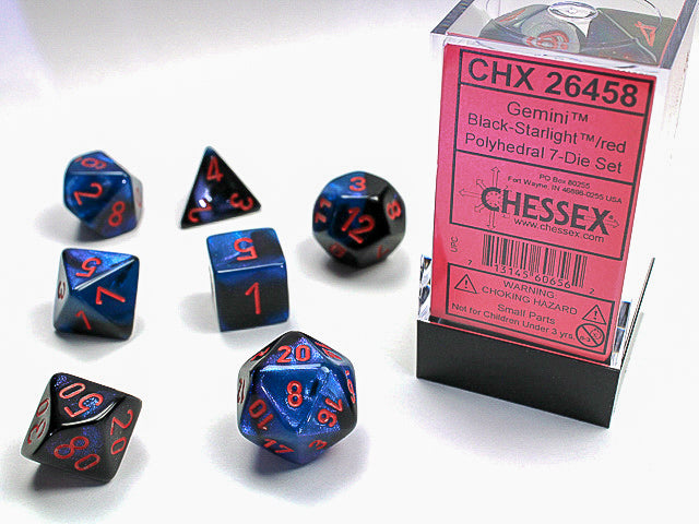 CHESSEX - GEMINI 7-DIE SET BLACK-STARLIGHT/RED | Play N Trade Winnipeg