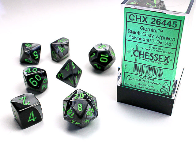 CHESSEX - GEMINI 7-DIE SET BLACK-GREY/GREEN | Play N Trade Winnipeg