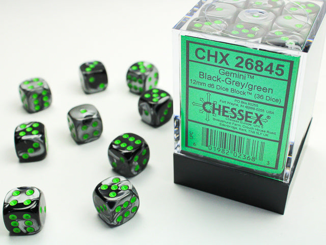CHESSEX - GEMINI 36D6 BLACK-GREY/GREEN 12MM | Play N Trade Winnipeg