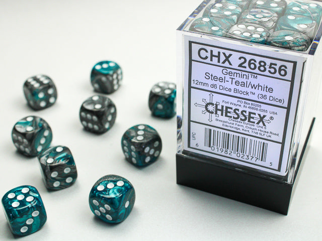 CHESSEX - GEMINI 36D6 STEEL-TEAL/WHITE 12MM | Play N Trade Winnipeg