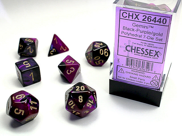 CHESSEX - GEMINI 7-DIE SET BLACK-PURPLE/GOLD | Play N Trade Winnipeg