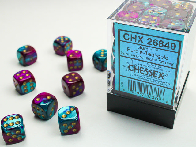 CHESSEX - GEMINI 36D6 PURPLE-TEAL/GOLD 12MM | Play N Trade Winnipeg