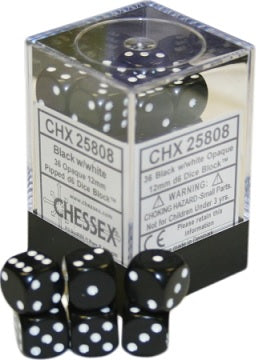 CHESSEX - OPAQUE 36D6 BLACK/WHITE 12MM | Play N Trade Winnipeg