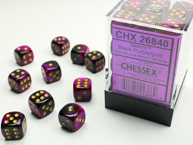 CHESSEX - GEMINI 36D6 BLACK-PURPLE/GOLD 12MM | Play N Trade Winnipeg