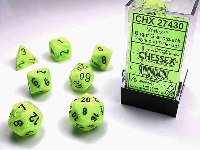 CHESSEX - VORTEX 7-DIE SET BRIGHT GREEN/BLACK | Play N Trade Winnipeg