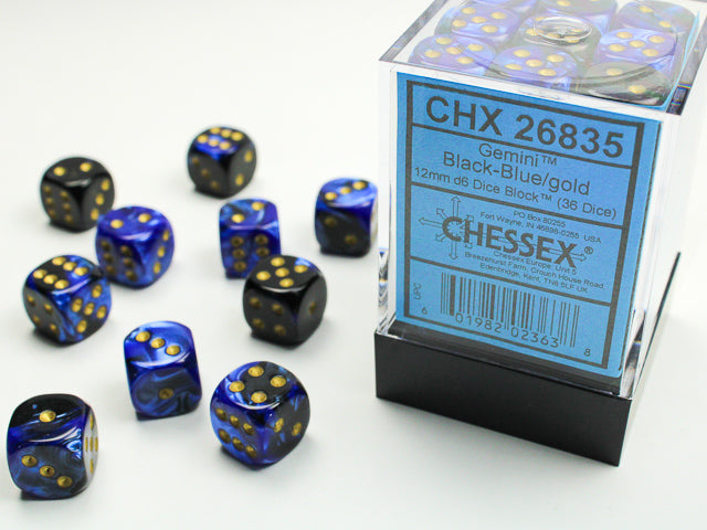 CHESSEX - GEMINI 36D6 BLACK-BLUE/GOLD 12MM | Play N Trade Winnipeg