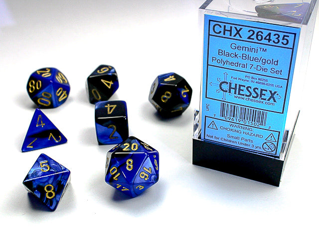 CHESSEX - GEMINI 7-DIE SET BLACK-BLUE/GOLD | Play N Trade Winnipeg