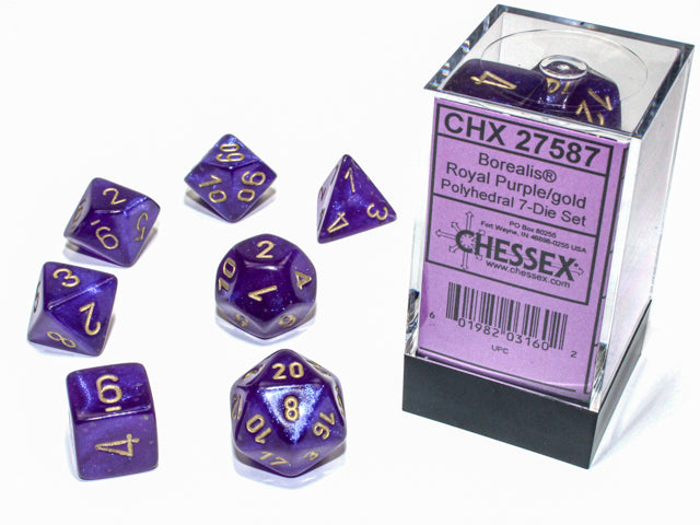 CHESSEX - BOREALIS 7-DIE SET ROYAL PURPLE/GOLD LUMINARY | Play N Trade Winnipeg