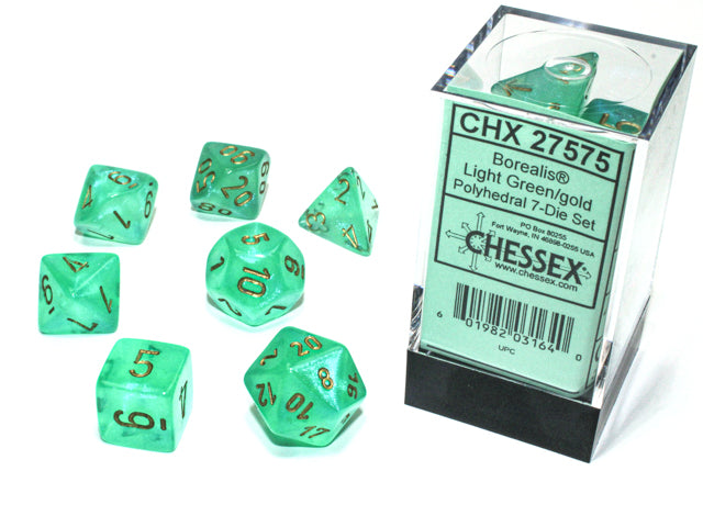 CHESSEX - BOREALIS 7-DIE SET LIGHT GREEN/GOLD | Play N Trade Winnipeg