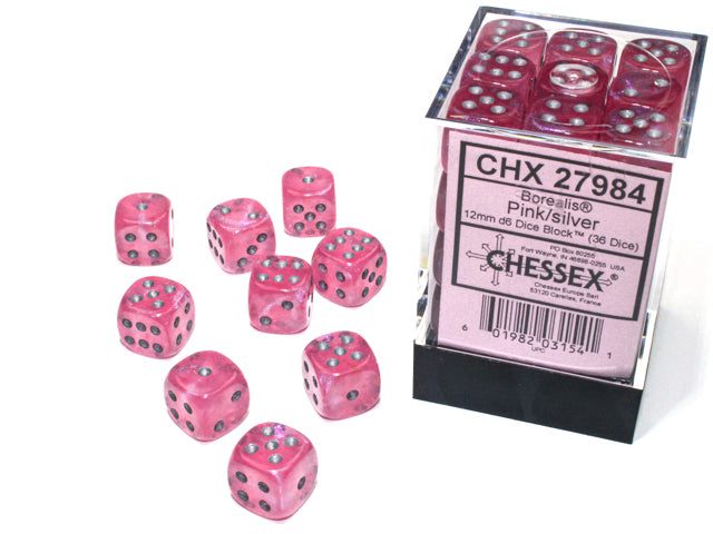 CHESSEX - BOREALIS 36D6 PINK/SILVER 12MM | Play N Trade Winnipeg