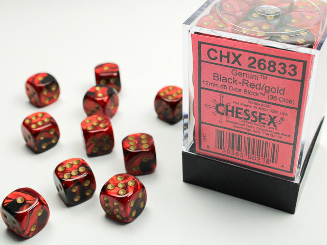CHESSEX - GEMINI 36D6 BLACK-RED/GOLD 12MM | Play N Trade Winnipeg