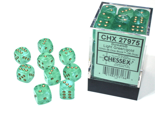 CHESSEX - BOREALIS 36D6 LIGHT GREEN/GOLD 12MM | Play N Trade Winnipeg